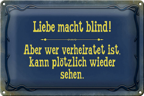 Blechschild Spruch 30x20cm Liebe macht blind aber wer