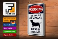 Blechschild Hinweis 20x30cm beware of attack Basset Hound