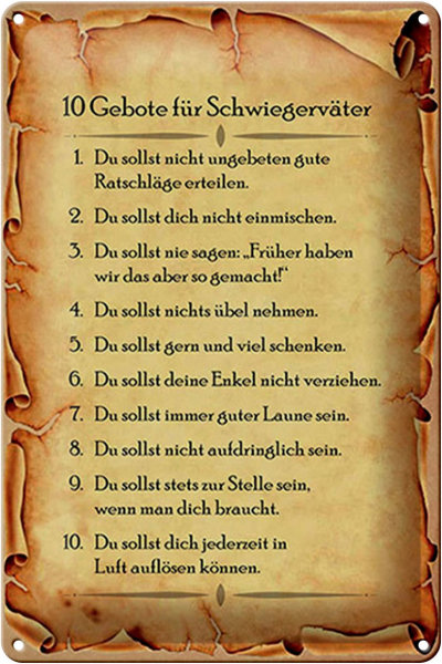 Blechschild Spruch 20x30cm 10 Gebote für Schwiegerväter