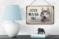 Blechschild Spruch 18x12cm holländisch Hier Waak ik Sibirian Husky Dekoration