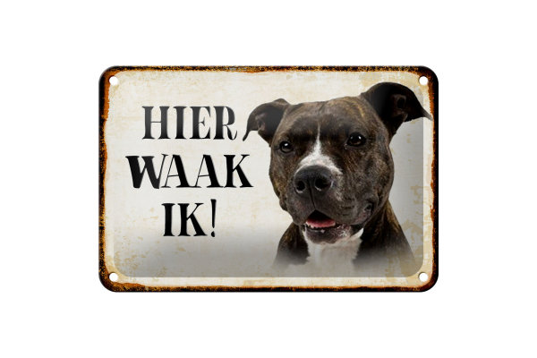 Blechschild Spruch 18x12cm holländisch Hier Waak ik Pitbull Terrier Dekoration