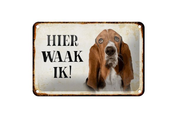 Blechschild Spruch 18x12cm holländisch Hier Waak ik Bassett Hund Dekoration