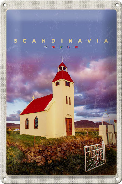 Blechschild Reise 20x30cm Skandinavien Haus rot Dach Wiese Natur