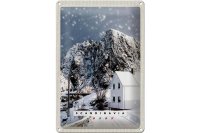Blechschild Reise 20x30cm Skandinavien Schnee Winter Berg Haus