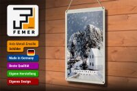 Blechschild Reise 20x30cm Skandinavien Schnee Winter Berg Haus