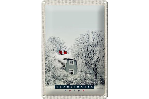 Blechschild Reise 20x30cm Skandinavien Schnee Weiß Natur Haus