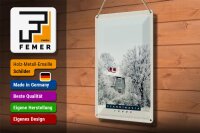 Blechschild Reise 20x30cm Skandinavien Schnee Weiß Natur Haus