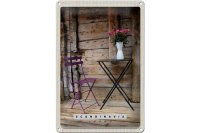 Blechschild Reise 20x30cm Skandinavien Terrasse Stuhl Tisch Blume