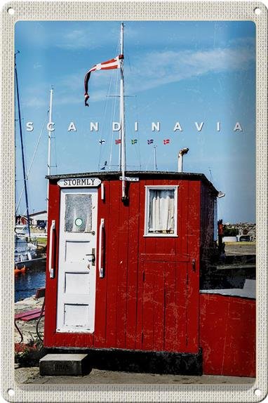 Blechschild Reise 20x30cm Skandinavien Meer Stromly rotes Haus