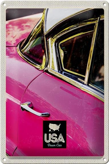 Blechschild Reise 20x30cm Amerika Oldtimer rosa silber Urlaub