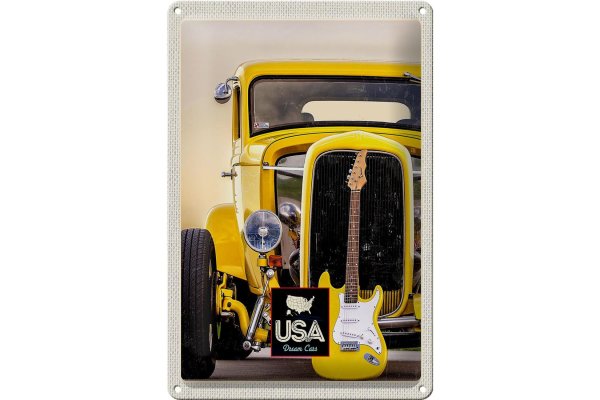 Blechschild Reise 20x30cm Amerika Oldtimer gelb Auto Gitarre
