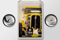 Blechschild Reise 20x30cm Amerika Oldtimer gelb Auto Gitarre
