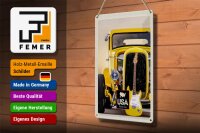 Blechschild Reise 20x30cm Amerika Oldtimer gelb Auto Gitarre