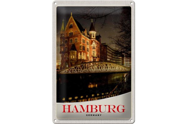 Blechschild Reise 20x30cm Hamburg Deutschland Brücke Kirche