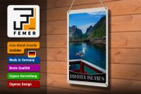 Blechschild Reise 20x30cm Lofoten Island Norwegen Fluss Häuschen