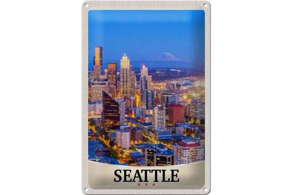 Blechschild Reise 20x30cm Seattle USA Amerika Stadt Abend Urlaub