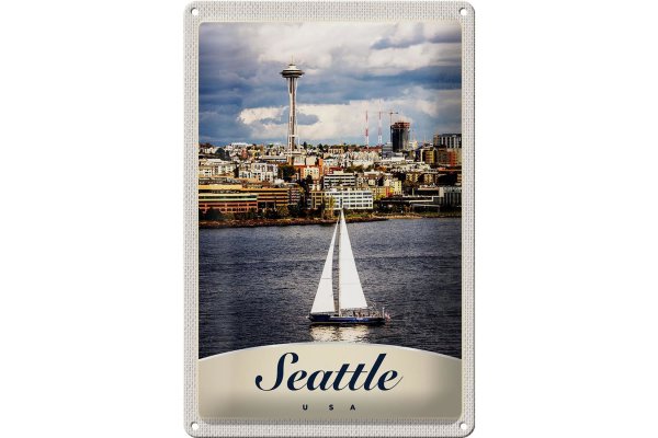 Blechschild Reise 20x30cm Seattle USA Boot Schiff Stadt Meer