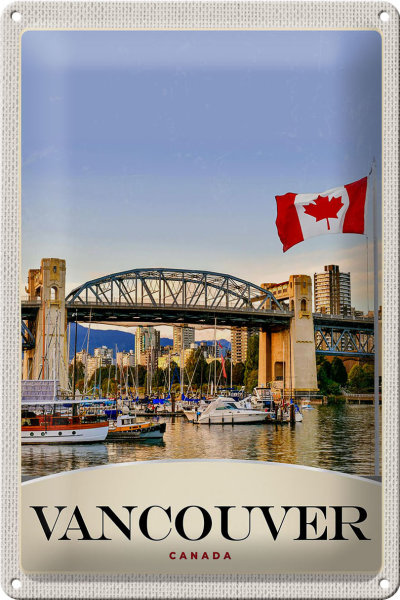 Blechschild Reise 20x30cm Vancouver Kanada Meer Brücke Boote
