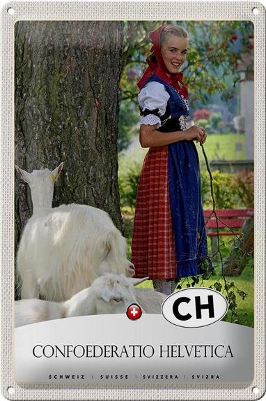 Blechschild Reise 20x30cm Confoederatio Helvetica Schaf Frau