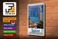 Blechschild Reise 20x30cm Lugano Schweiz See Kirche Gebirge