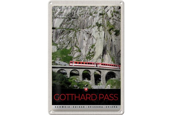 Blechschild Reise 20x30cm Gotthard Pass Schweiz rote Lokomotive
