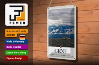 Blechschild Reise 20x30cm Genf Schweiz Schiffe Gebirge Himmel