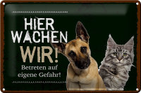Blechschild Spruch 30x20cm Hund Katze hier wachen wir...