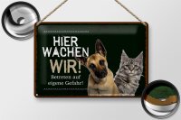 Blechschild Spruch 30x20cm Hund Katze hier wachen wir schwarzes Schild