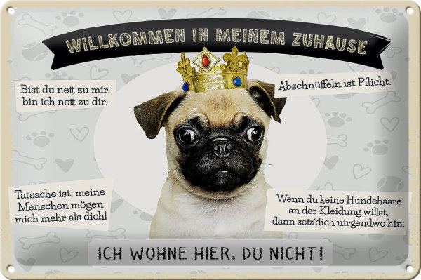 Blechschild Spruch 30x20cm Tiere Mops willkommen wohne hier