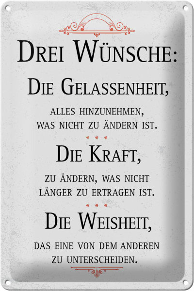Blechschild Spruch Drei Wünsche Gelassenheit Weisheit 20x30cm