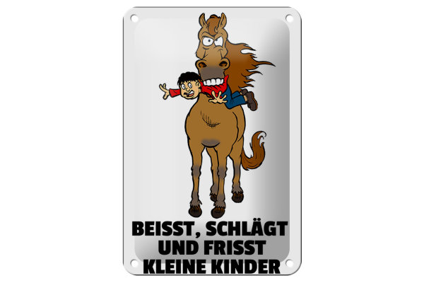Blechschild Hinweis 12x18cm Pferd beisst frisst Kinder