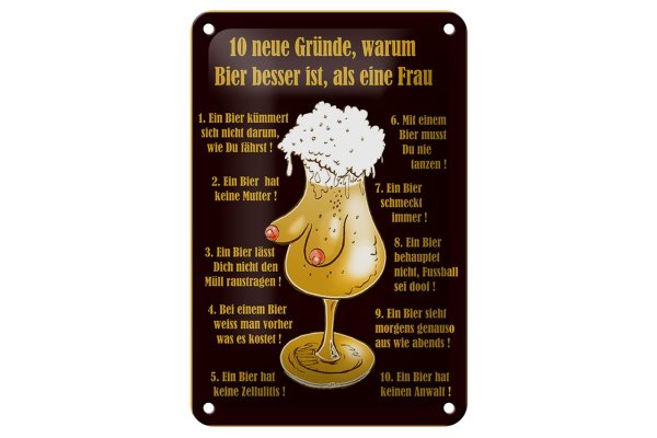 Blechschild Alkohol 12x18cm 10 Gründe Bier besser als Frau