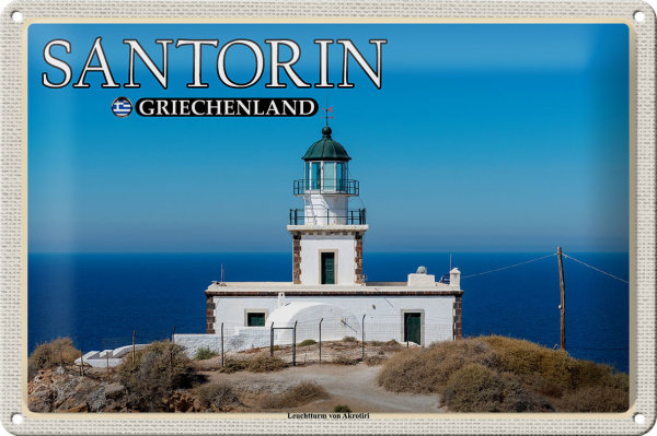 Blechschild Reise 30x20cm Santorin Griechenland Leuchtturm Akrotiri