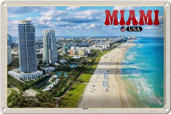 Blechschild Reise 30x20cm Miami USA Strand Hochhäuser Meer Urlaub