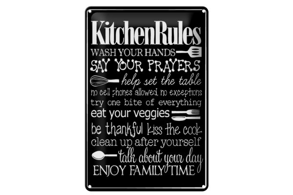 Blechschild Spruch 20x30cm Kitchen Rules wash your hands