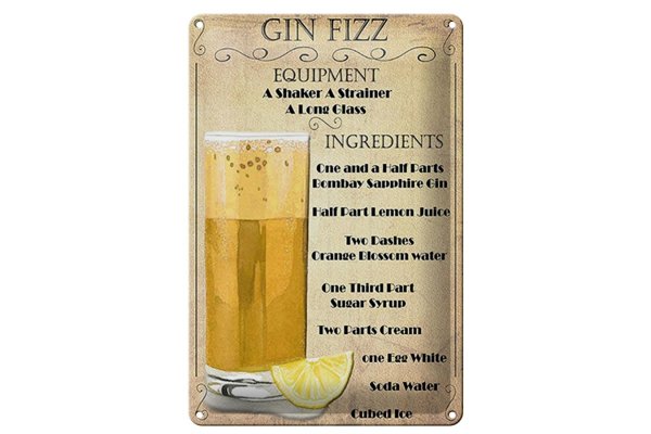 Blechschild Alkohol 20x30cm Gin Fizz Equipment ingredients
