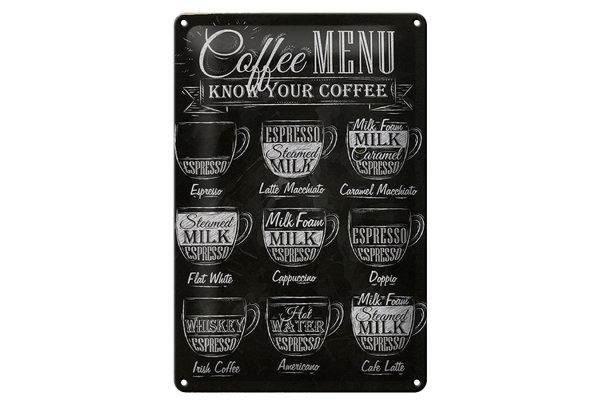 Blechschild Kaffee 20x30cm Coffee Menu Espresso Latte Flat