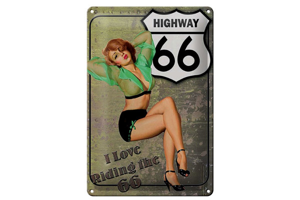 Blechschild Pin Up 20x30cm Highway 66 i love riding the 66