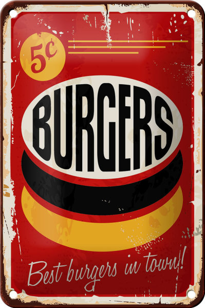 Blechschild Retro 12x18cm burgers best in town Fast food