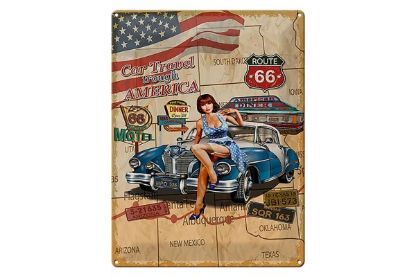 Blechschild Retro 30x40cm Pinup Car Travel trough America