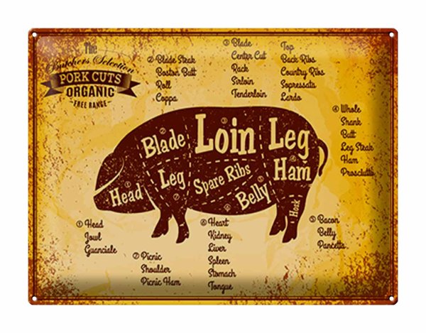 Blechschild Schwein 40x30cm Pork cuts organic Metzgerei