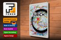 Blechschild Reise 30x40cm Zürich Schweiz Karte Lupe Stadt