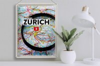 Blechschild Reise 30x40cm Zürich Schweiz Karte Lupe Stadt