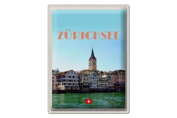 Blechschild Reise 30x40cm Zürich Schweiz Ausblick See auf Stadt