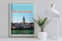 Blechschild Reise 30x40cm Zürich Schweiz Ausblick See auf Stadt