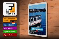 Blechschild Reise 30x40cm Zürich Schiff Boot See Stadt Gebirge