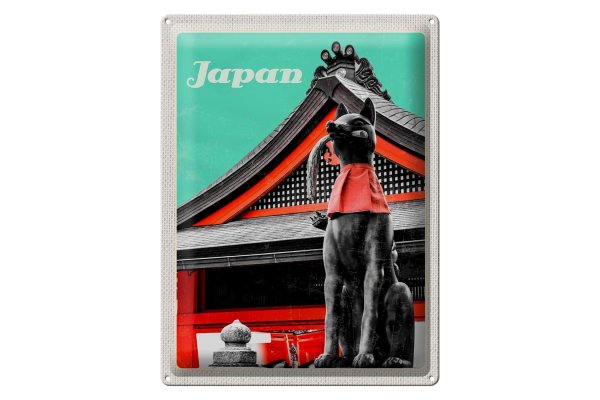 Blechschild Reise 30x40cm Japan Miyajima Tempel Kitsune Statue