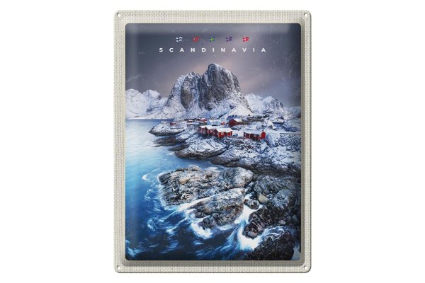 Blechschild Reise 30x40cm Skandinavien Schnee Meer Gebirge
