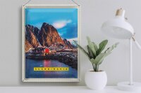 Blechschild Reise 30x40cm Skandinavien Gebirge Meer rote Häuser