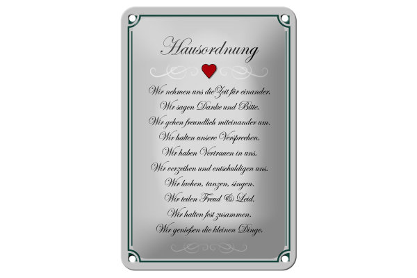 Blechschild Spruch 12x18cm Hausordnung wir Zeit füreinander